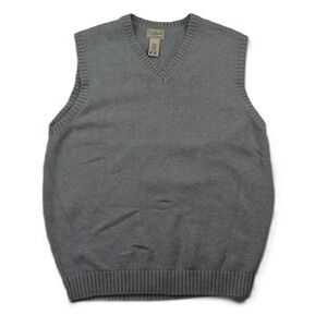 LLBean Mens V Neck Sweater Vest Gray Cotton L REG Classic Preppy